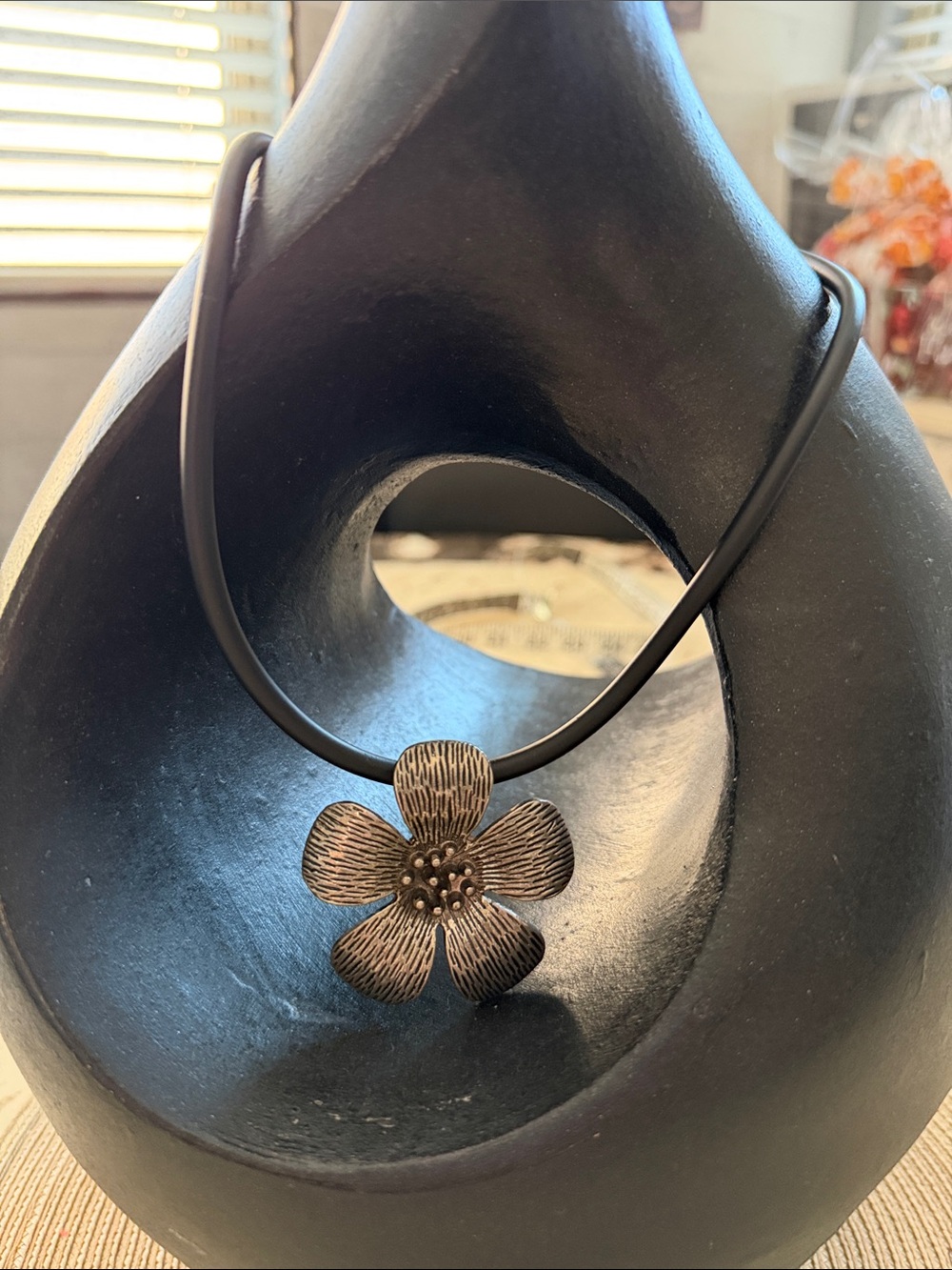 Floral Pendant Necklace on Recycled Rubber Black Cord & Magnetic Closure